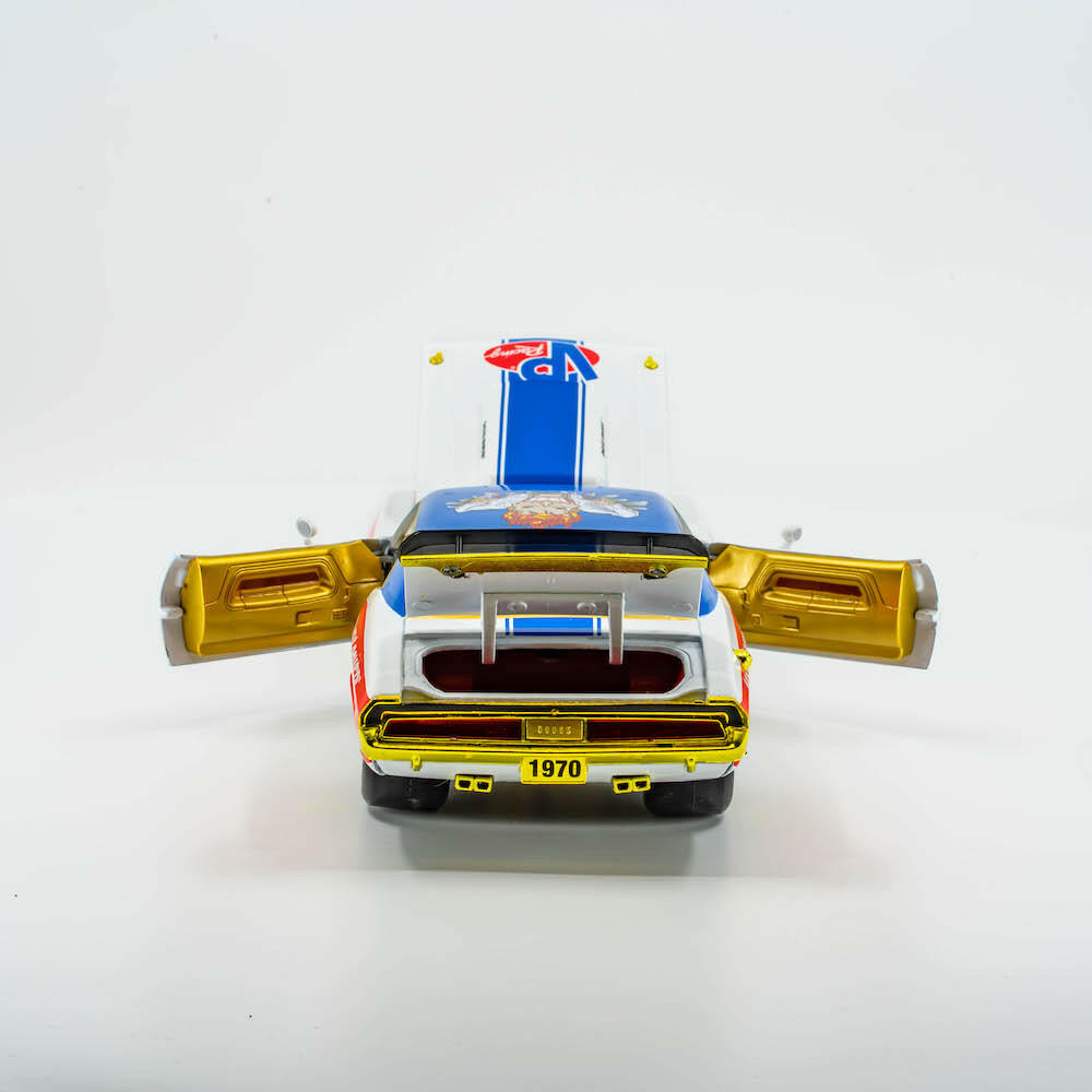 view looking straight on at the back of the VP Racing 1970 Dodge Challenger Diecast R/T HEMI 1:24 Scale with open doors, trunk and hood