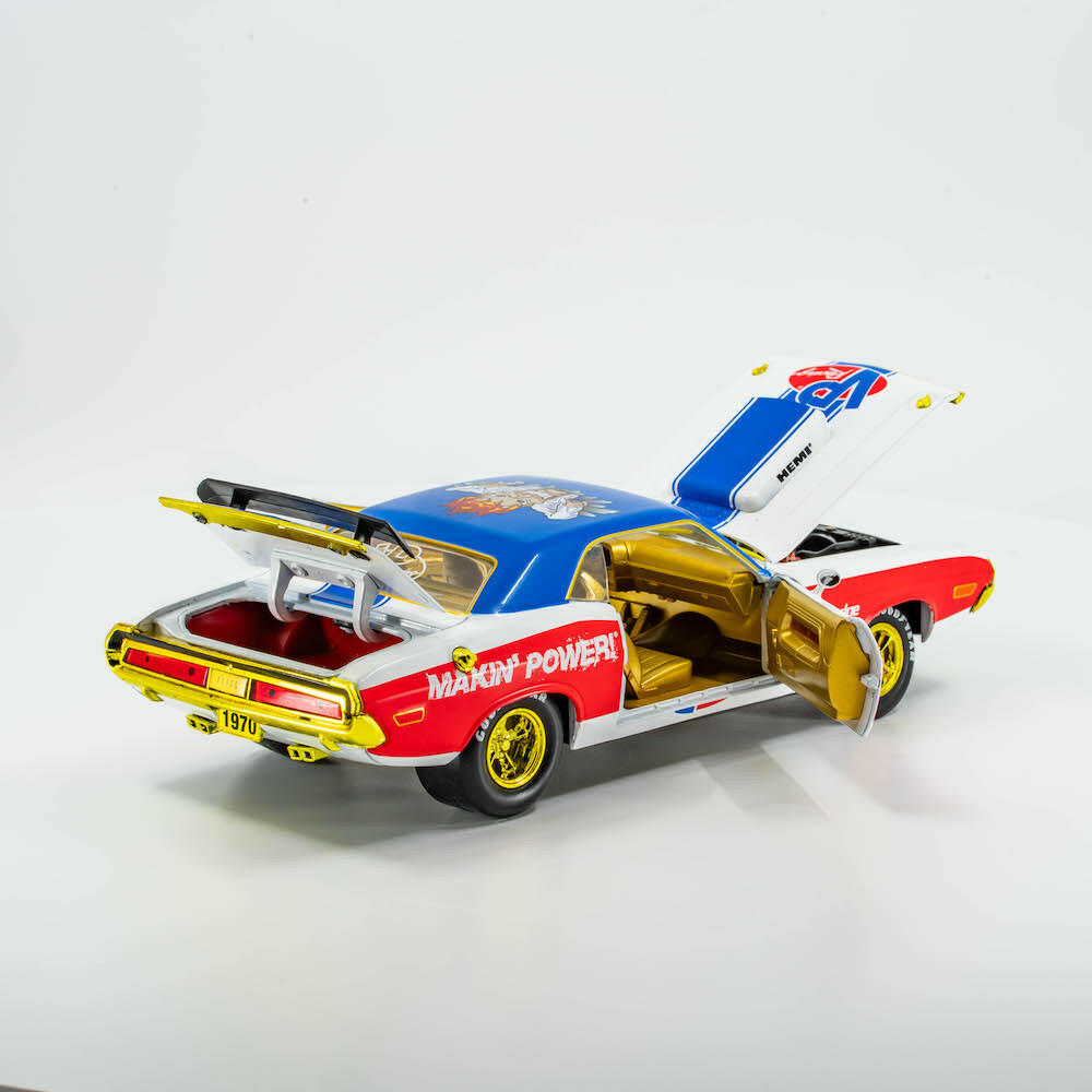 backside view of VP Racing 1970 Dodge Challenger Diecast R/T HEMI 1:24 Scale shown with open hood, truck and doors
