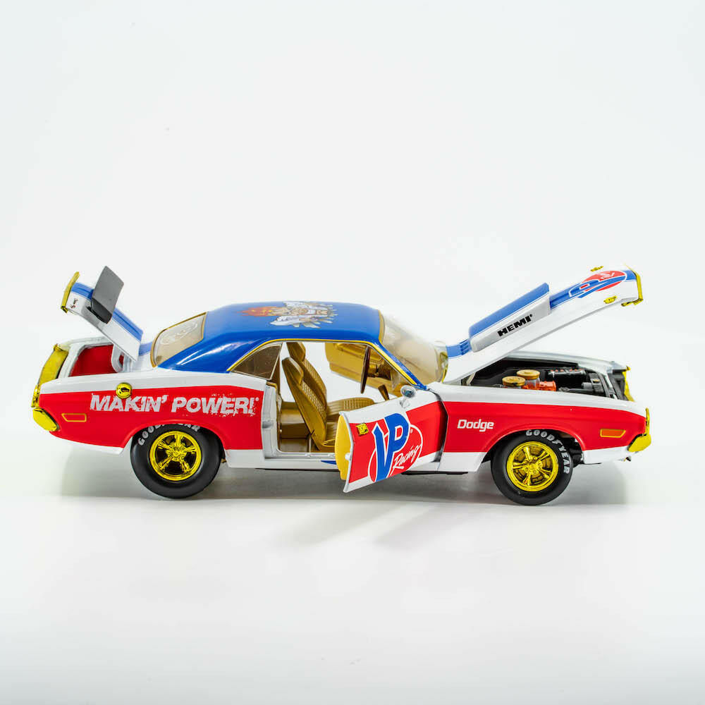 side view of VP Racing 1970 Dodge Challenger Diecast R/T HEMI 1:24 Scale shown with open hood, truck and doors