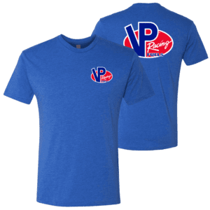 front and back of VP Racing Fuels royal blue logo shirt. Red, white, and blue VP logo on front left chest and large VP logo on back of shirt
