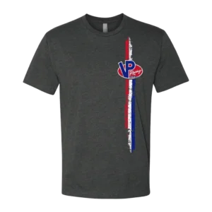 Charcoal VP Racing Stripes of Glory t-shirt, featuring red, white, and blue vertical racing stripes and the VP logo on the left side of shirt front.