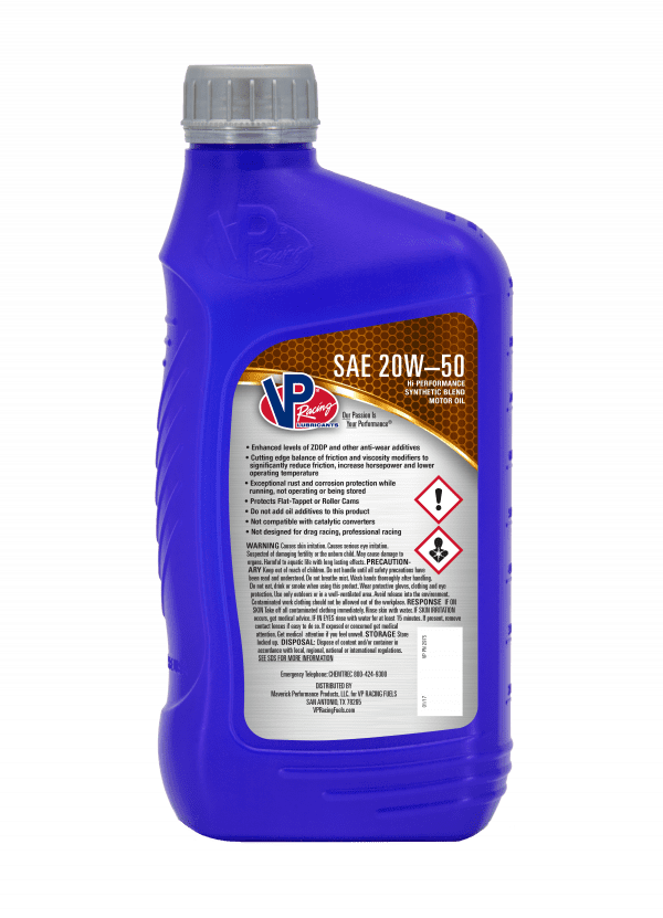 VP Hi-Performance 20w50 synthetic blend oil - rear label of bottle