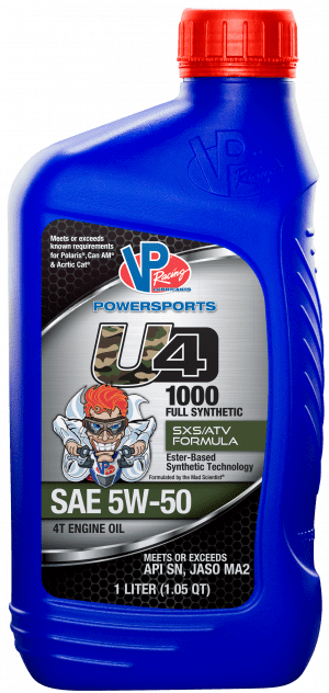 4T oil - VP Racing U4-1000 SAE 5W50 Synthetic Engine Oil - SXS/UTV formula. 1 quart bottle