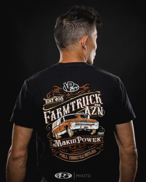 Back of street outlaws farmtruck and azn VP Racing black and orange T-shirt, featuring the iconic farmtruck