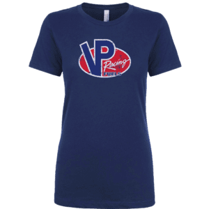 Ladies VP Vintage distressed logo t-shirt. Dark blue shirt. Red, white, and blue VP logo on the front center