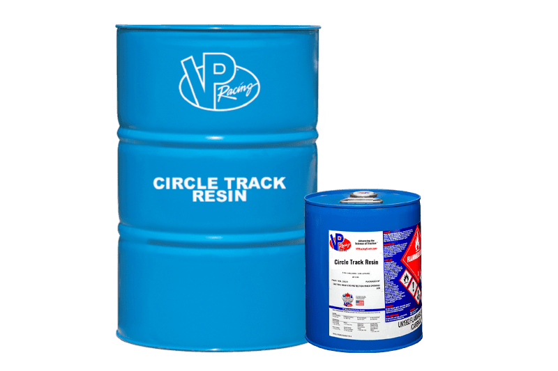 VP Circle Track Resin (The Resin) - Traction Compound for asphalt race tracks. Picture includes a 54-gallon drum and 5-gallon pail of The Resin