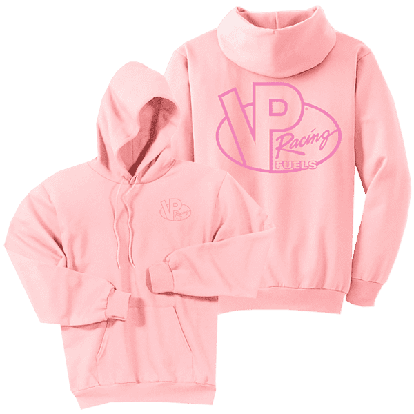 VP women's pink hoodie. Photo shows both front and back. Features a darker pink screened VP log on the back.