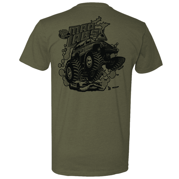 VP Mad Labs Monster Truck t shirt - black on military green-BACK