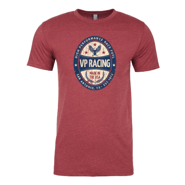 VP racing High Performance Brew cardinal red t-shirt with distressed classic-looking VP Racing logo on front that pays homage to VP's beginning in San Antonio in 1975