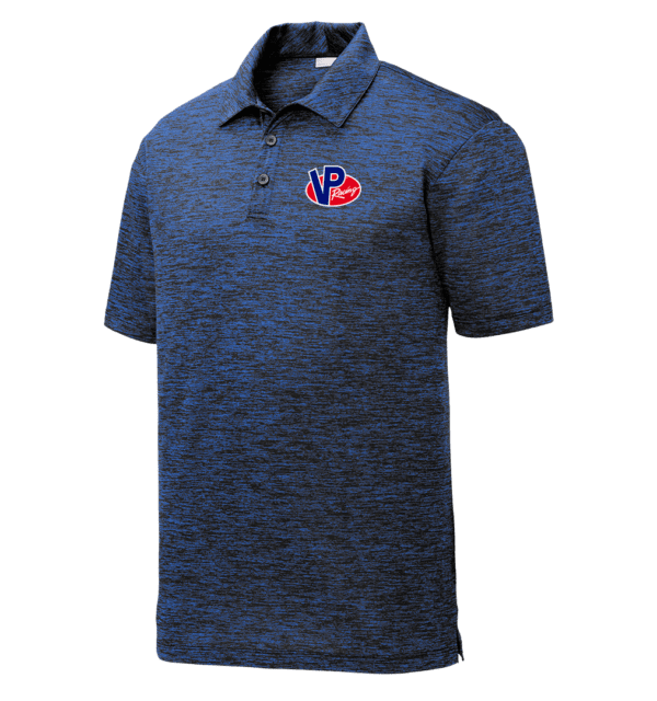 Men's VP Racing dark royal and black Electric Heather Sport Tek polo shirt with embroidered VP logo on front left chest
