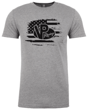 VP Racing Across America dark heather gray t-shirt with black imprint on front showing the VP logo and a partial american flag