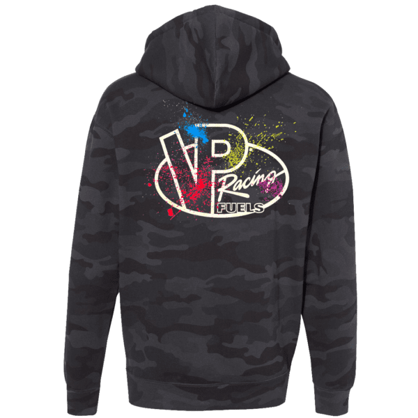 Back of VP Racing Black classic camo hoodie with ink splats logo design