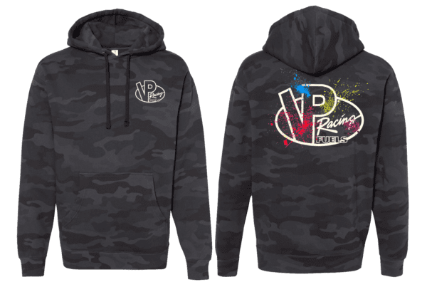 Front and back side by side pictures of VP Racing classic black camo ink splat hoodie