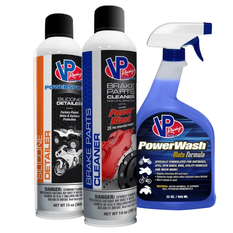 VP Racing Powersports silicone detailer, brake parts cleaner, and PowerWash Moto Formula pictured together