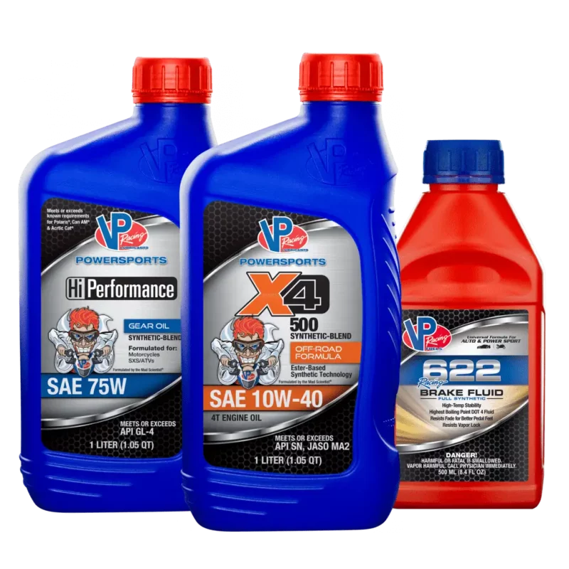 VP Powersports 75W gear oil, 10w-40 off-road formula engine oil, and 622 Racing Brake Fluid pictured together