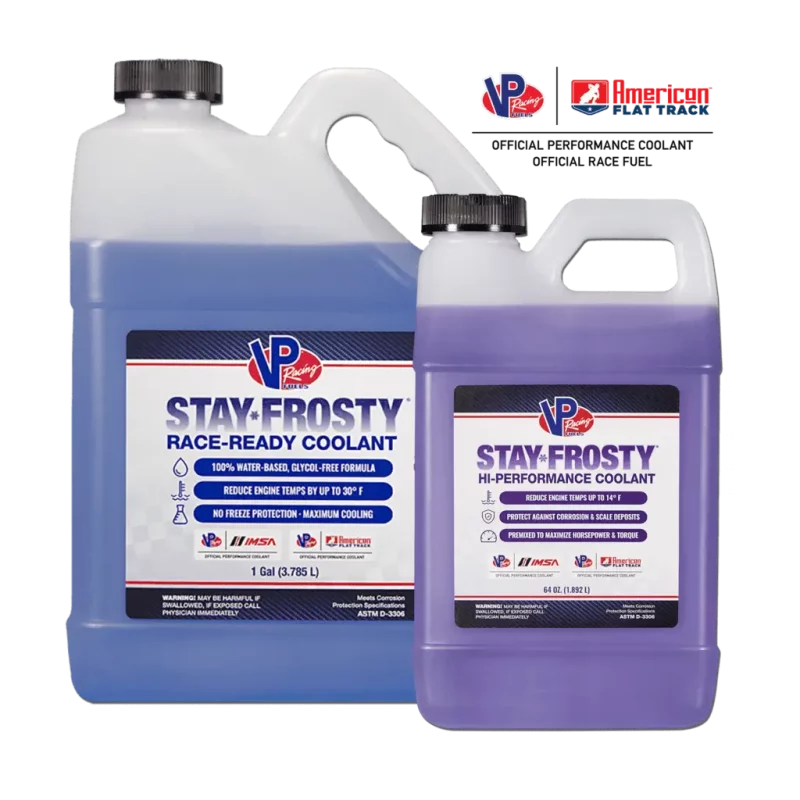 1-gallon bottle of Stay Frosty Race-Ready coolant and 64 ounce bottle of Stay Frosty High-Performance coolant