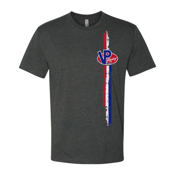 Charcoal VP Racing Stripes of Glory t-shirt, featuring red, white, and blue vertical racing stripes and the VP logo on the left side of shirt front.