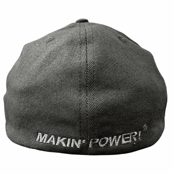 VP's flat bill hats include this Makin' Power! cap. Photo shows the company slogan, "Makin' Power!" in white stitching across the lower back of the hat.