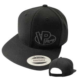 VP Racing Black Friday adjustable snapback hat. 6 panel, structured, high-profile with eight-row stitching on flat visor. 3 3/4" crown