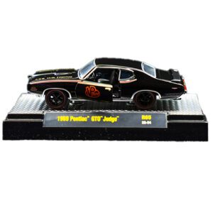 VP Racing 1:64 scale 1969 pontiac gto judge diecast mounted on a stand. Side view shot looking at the driver's side