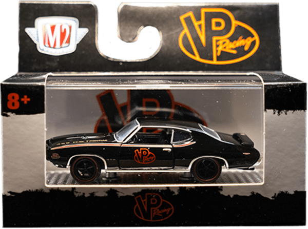 VP Racing1969 pontiac gto judge diecast. 1:64 scale black car with an orange VP Racing logo on the doors
