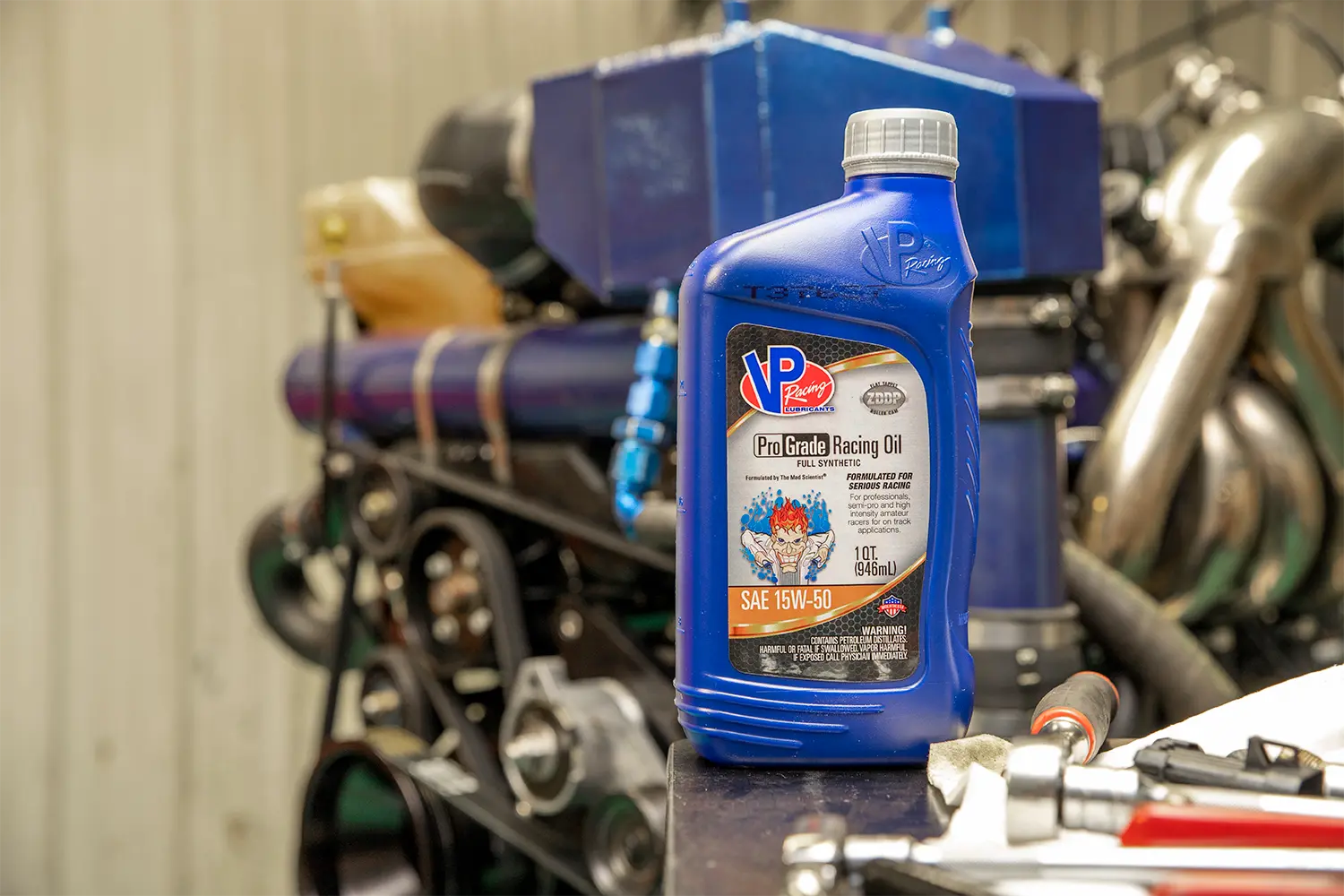 Quart of VP Racing Pro Grade engine oil. The head engine builder at Joe Gibbs Engines, Mark Cronquist, says it's the best racing oil, and he mandates its use in all off-road engines he builds.