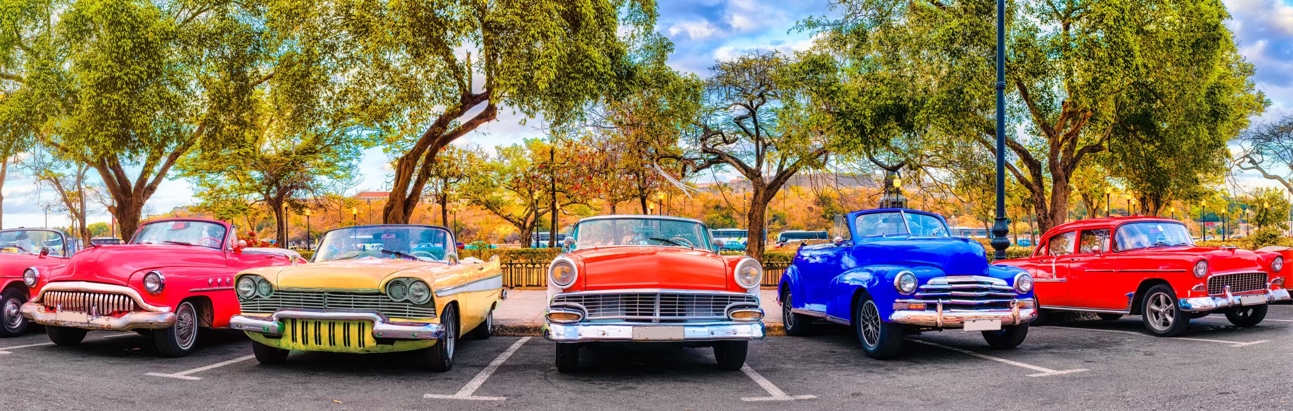 a row of older classic cars parked side-by-side in a parking lot with a tree line in the background