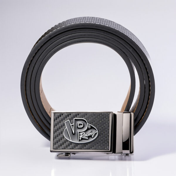 front view of VP Racing's dress belt for men. Black leather with brushed metal belt buckle featuring a raised VP logo