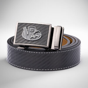VP Racing men's black leather belt with brushed metal belt buckle that features a raised VP logo outlined in brushed metal