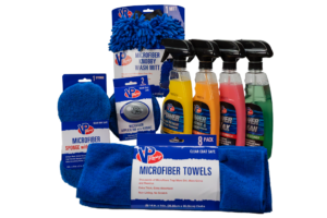 VP Racing Detailing & Wash Kit for cars & trucks includes 4 bottles of detailing & cleaning sprays along with microfiber towels and other detailing tools. Provides quick, easy, and thorough professional-grade auto detailing in minutes.