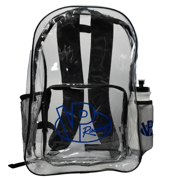 VP Racing clear backpack stadium approved with 2 side net holders for water bottles. Sturdy with a large inside compartment
