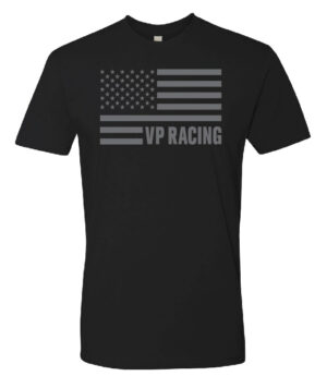 VP Racing black American Flag t-shirt for men. Front of shirt, which features a dark gray, one-color imprint of the American flag. VP Racing is written in block letters in the lower right portion of the flag imprint
