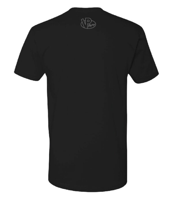 Back side of the VP Racing black american flag t-shirt. A dark gray VP Racing logo is featured just below the neckline of the shirt.