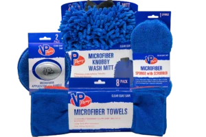 VP Racing auto detailing tools. Includes microfiber towels, microfiber sponge with scrubber, microfiber applicator pad with handle, and microfiber knobby wash mitt
