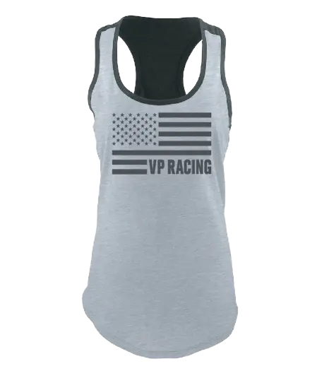 VP Racing gray ladies tank top with black american flag on the front and VP RACING spelled in block letters in the lower right portion of the flag
