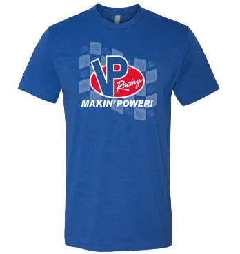 VP Racing blue women's checkered top t-shirt, featuring the red, white, and blue VP racing logo on front with "Makin' Power!" written beneath. A faded white and blue checkered flag print is behind the logo and lettering. No imprint on back.
