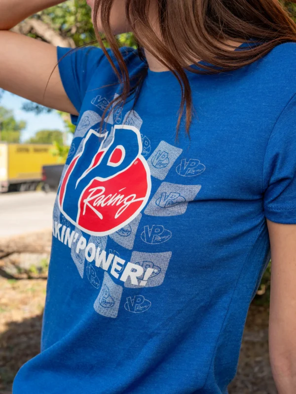 close up of female wearing the royal blue VP Racing ladies Speedster Checkered Top t-shirt