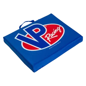 VP Racing Bleacher Seat Cushion. Blue cushion with carry handle features a large VP Racing logo on one side. Measures 14" x 11" and has a 1.75" polyurethane pad.