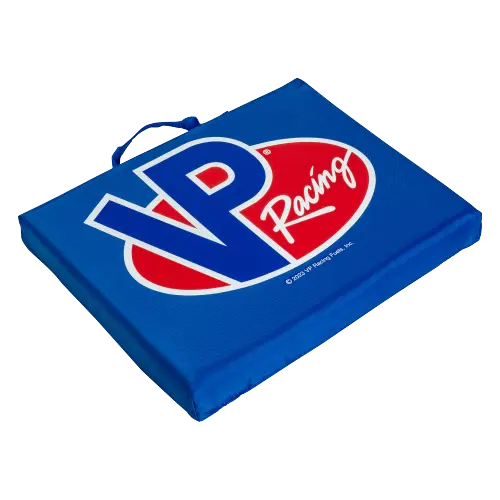 VP Racing Bleacher Seat Cushion. Blue cushion with carry handle features a large VP Racing logo on one side. Measures 14" x 11" and has a 1.75" polyurethane pad.