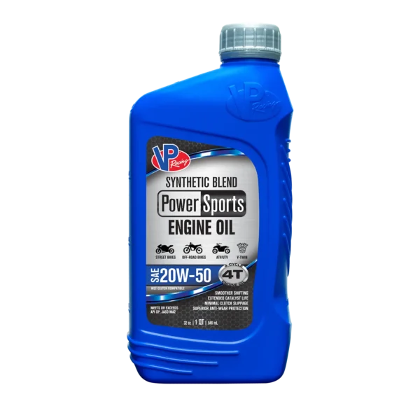 Quart bottle of VP Racing 4T 20W50 Synthetic Blend Engine Oil.