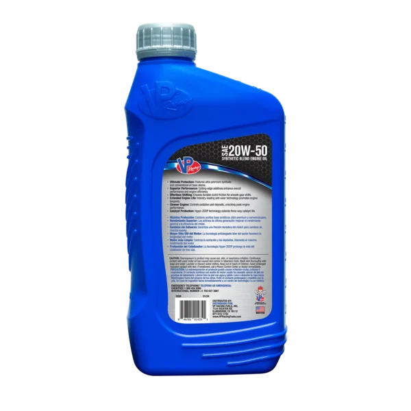 Back label on quart bottle of VP Racing 4T 20W50 Synthetic Blend Engine Oil.