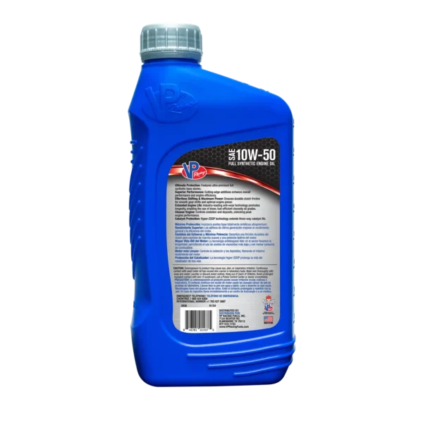 VP 10W50 4T Full Synthetic engine oil. Back label of quart bottle
