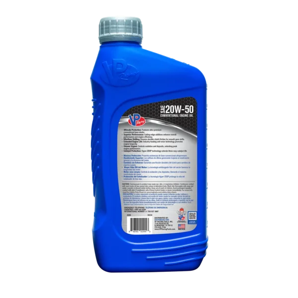 Back label on quart bottle of VP Racing 4T 20W50 Conventional Oil for powersports